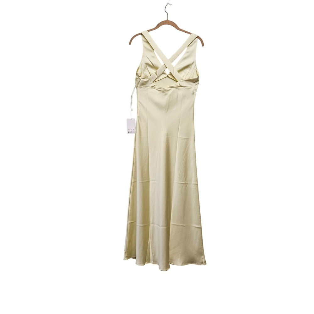 Satin Babydoll Maxi Slip Dress XL Butter Yellow Crisscross Formal Indie Sleeze - Picture 2 of 13